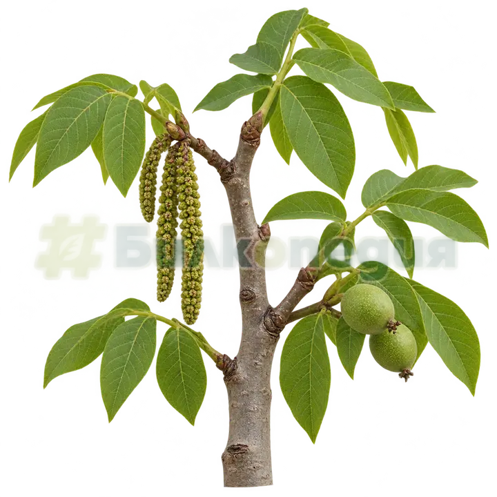 Juglans regia L. - гладка сивкава кора, генерирана образователна визуализация