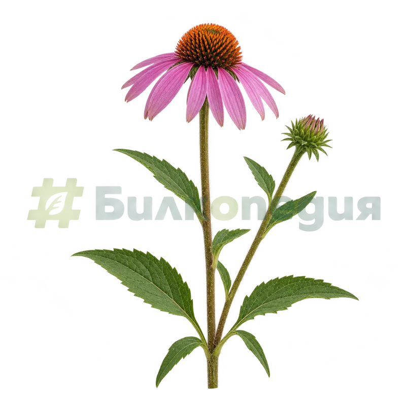 Echinacea purpurea (L.) Moench - облистено цветоносно стъбло, генерирана образователна визуализация