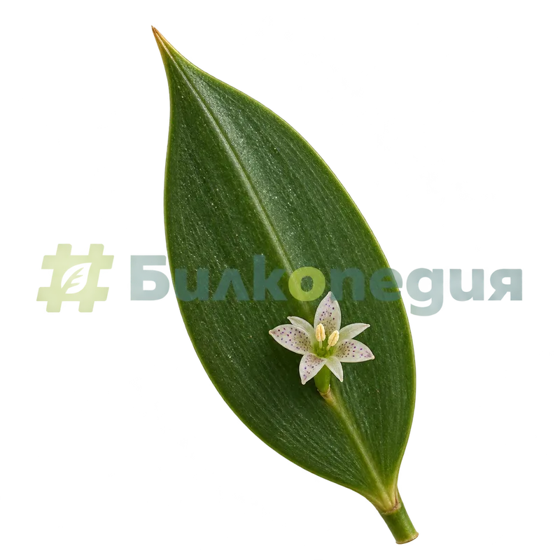 Ruscus aculeatus L. - дребен цвят върху кладодий, генерирана образователна визуализация