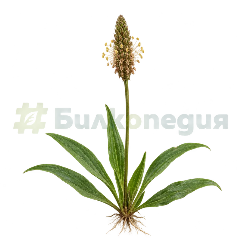 Plantago lanceolata L. - цъфтящ клас с издадени тичинки, генерирана образователна визуализация