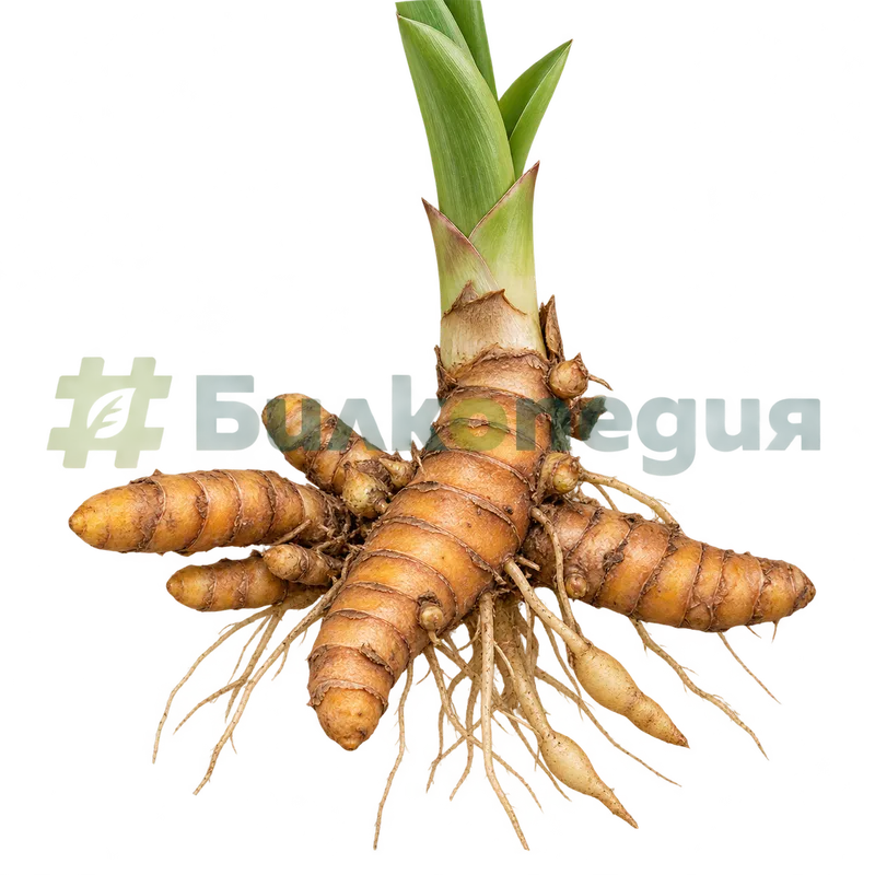 Curcuma longa L. - куркума - разклонено коренище с корени, генерирана образователна визуализация