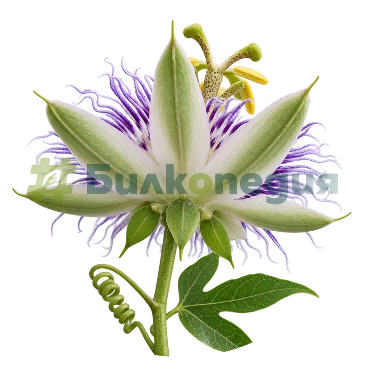 Passiflora incarnata L. - цвят - прицветници и чашелистчета отдолу, генерирана образователна визуализация