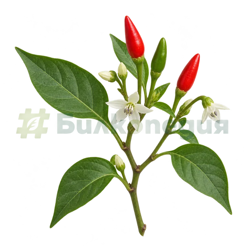 Capsicum frutescens L. - стъбло - леко ръбесто, с двойки листа, генерирана образователна визуализация