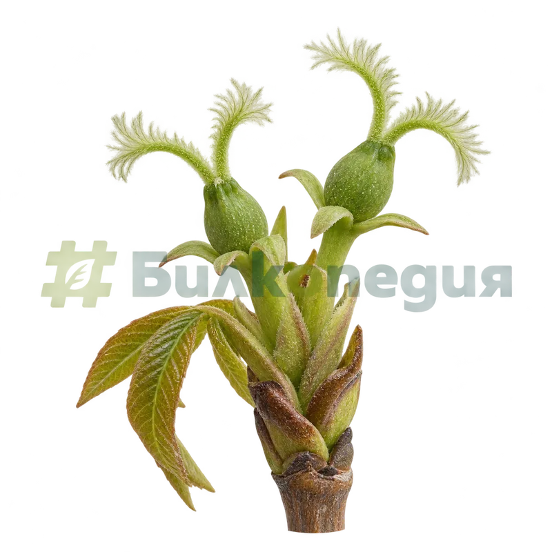 Juglans regia L. - женски цветове с две извити близалца, генерирана образователна визуализация