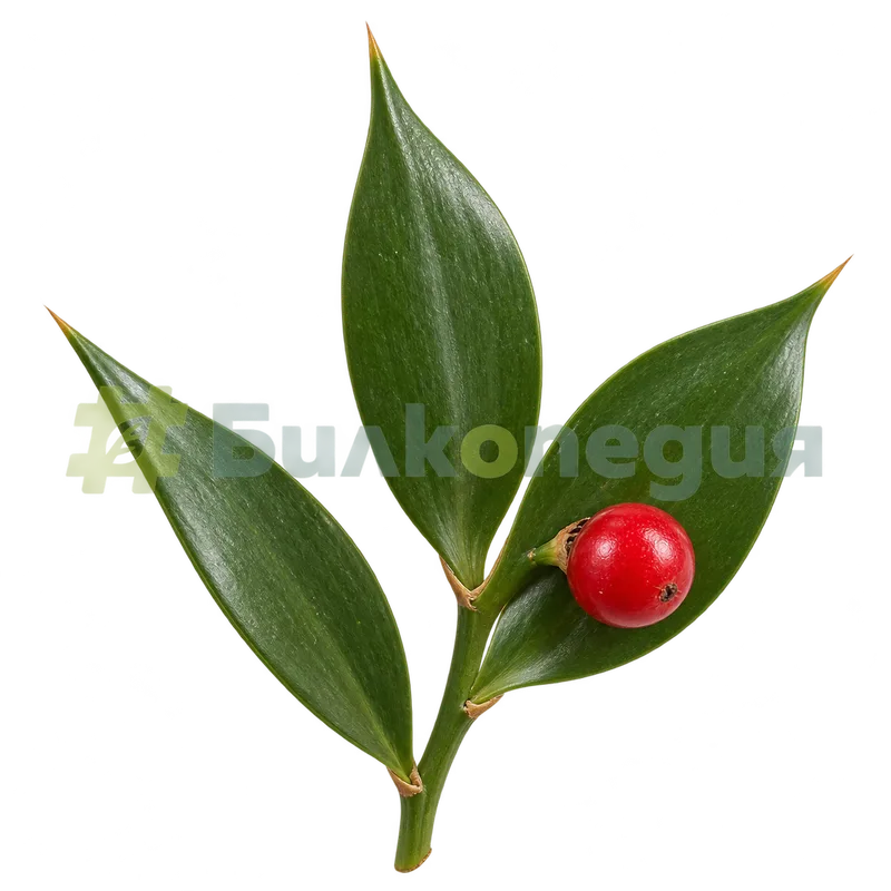 Ruscus aculeatus L. - червен плод върху кладодий, генерирана образователна визуализация