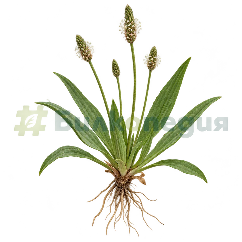 Plantago lanceolata L. - късо коренище с неуголемени корени, генерирана образователна визуализация