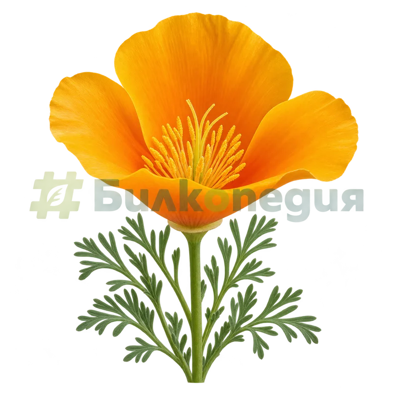 Eschscholzia californica Cham. subsp. californica - златисто-оранжев цвят с четири венчелистчета, генерирана образователна визуализация