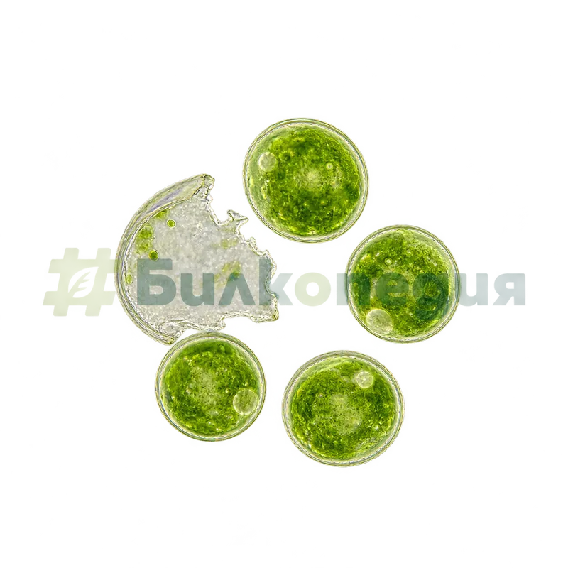 Chlorella vulgaris Beijerinck, 1890 - освободени автоспори - увеличен изглед, генерирана образователна визуализация