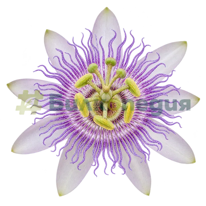 Passiflora incarnata L. - цвят - бяло-лилав, с нишковидна корона, генерирана образователна визуализация
