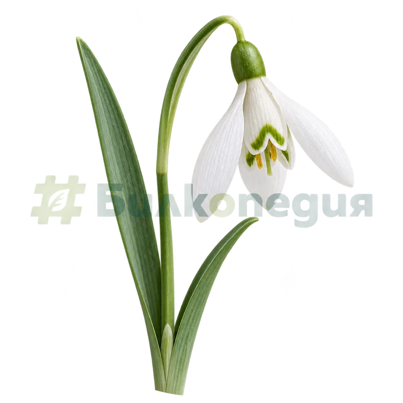 Galanthus nivalis L. - бял наведен цвят със зелен v-образен знак, генерирана образователна визуализация