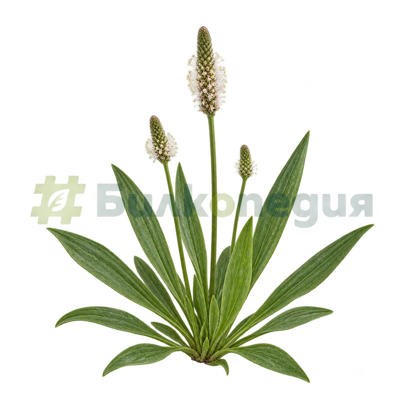 Plantago lanceolata L. - приосновна розетка от тесни листа, генерирана образователна визуализация