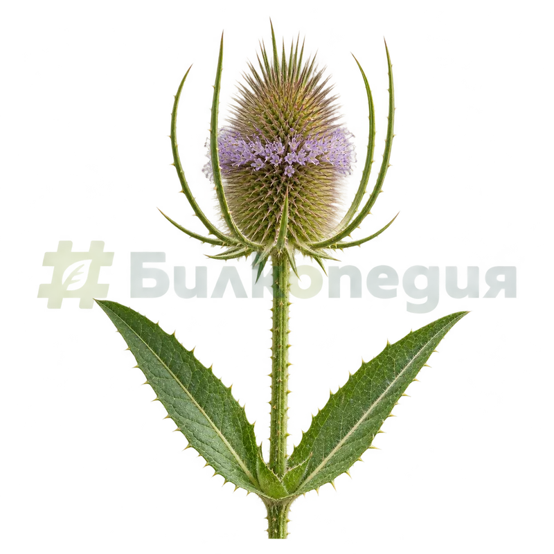 Dipsacus fullonum L. - свежа горна част със съцветие и сраснали листа, генерирана образователна визуализация