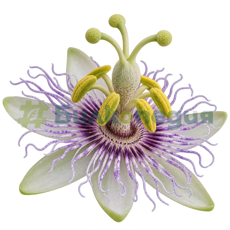 Passiflora incarnata L. - среда на цвета - пет тичинки и три близалца, генерирана образователна визуализация