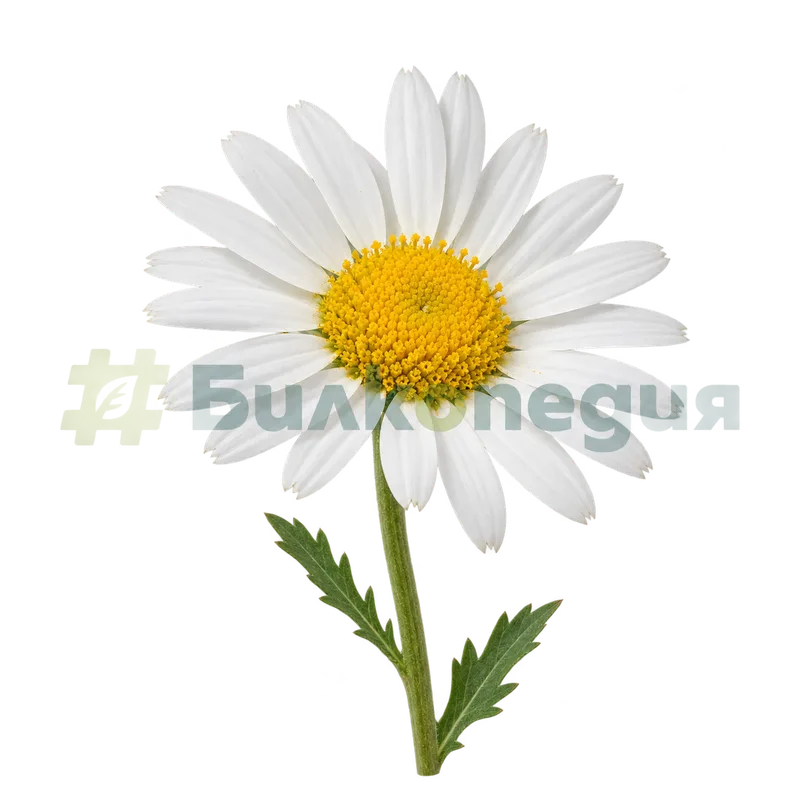 Leucanthemum vulgare Lam. subsp. vulgare - бяла цветна кошничка с жълт център, генерирана образователна визуализация