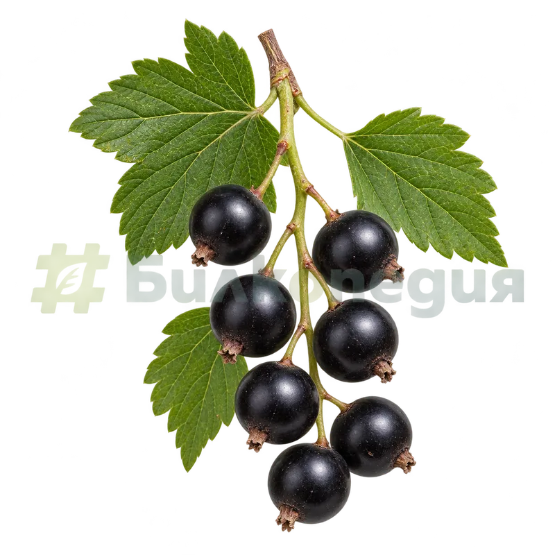 Ribes nigrum var. nigrum - черни плодове със запазена чашка, генерирана образователна визуализация
