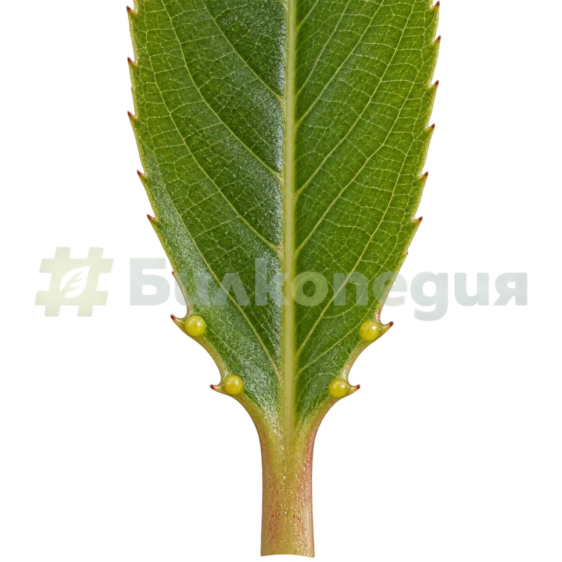 Prunus persica (L.) Batsch - нектарни жлези при основата на листа, генерирана образователна визуализация