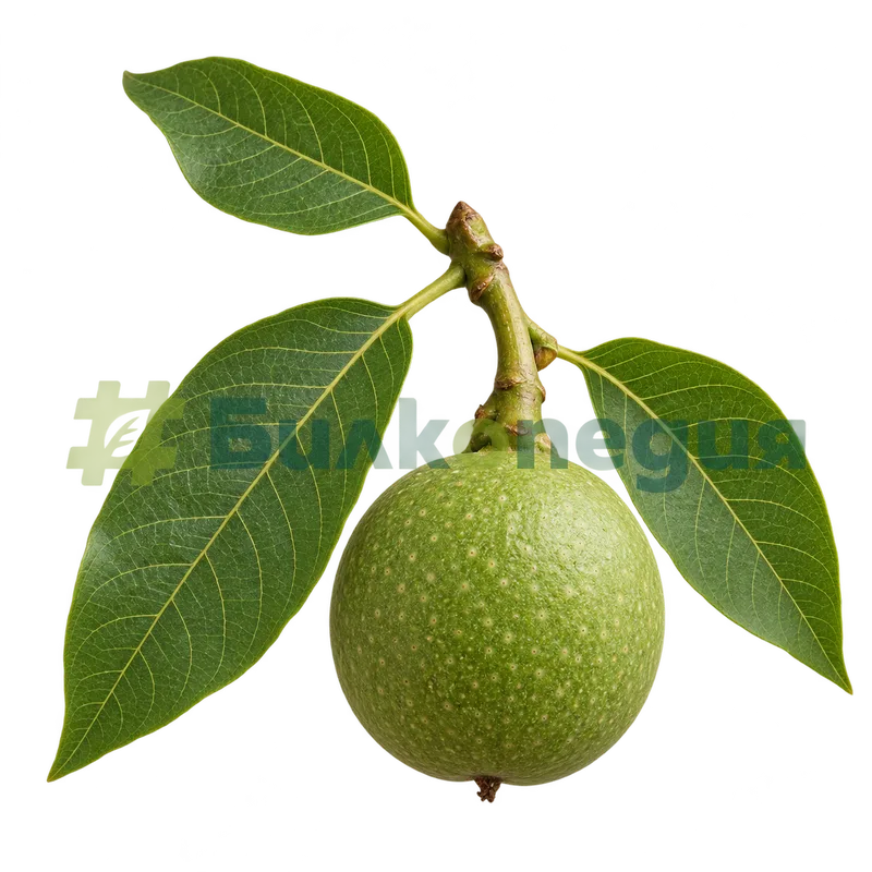 Juglans regia L. - незрял плод със зелена обвивка, генерирана образователна визуализация