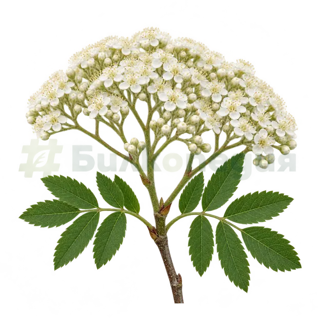 Sorbus aucuparia L. - съцветие - бели цветове в щитовидна метлица, генерирана образователна визуализация