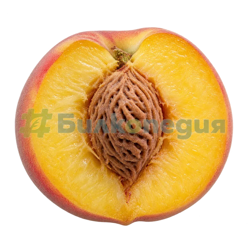 Prunus persica (L.) Batsch - разрязан плод с костилка, генерирана образователна визуализация
