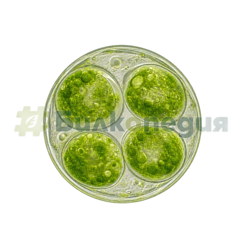 Chlorella vulgaris Beijerinck, 1890 - майчина клетка с автоспори - увеличен изглед, генерирана образователна визуализация